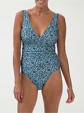Dolfin Aquashape Tummy Control Blue V-Neck One-Piece Swimsuit Size 16